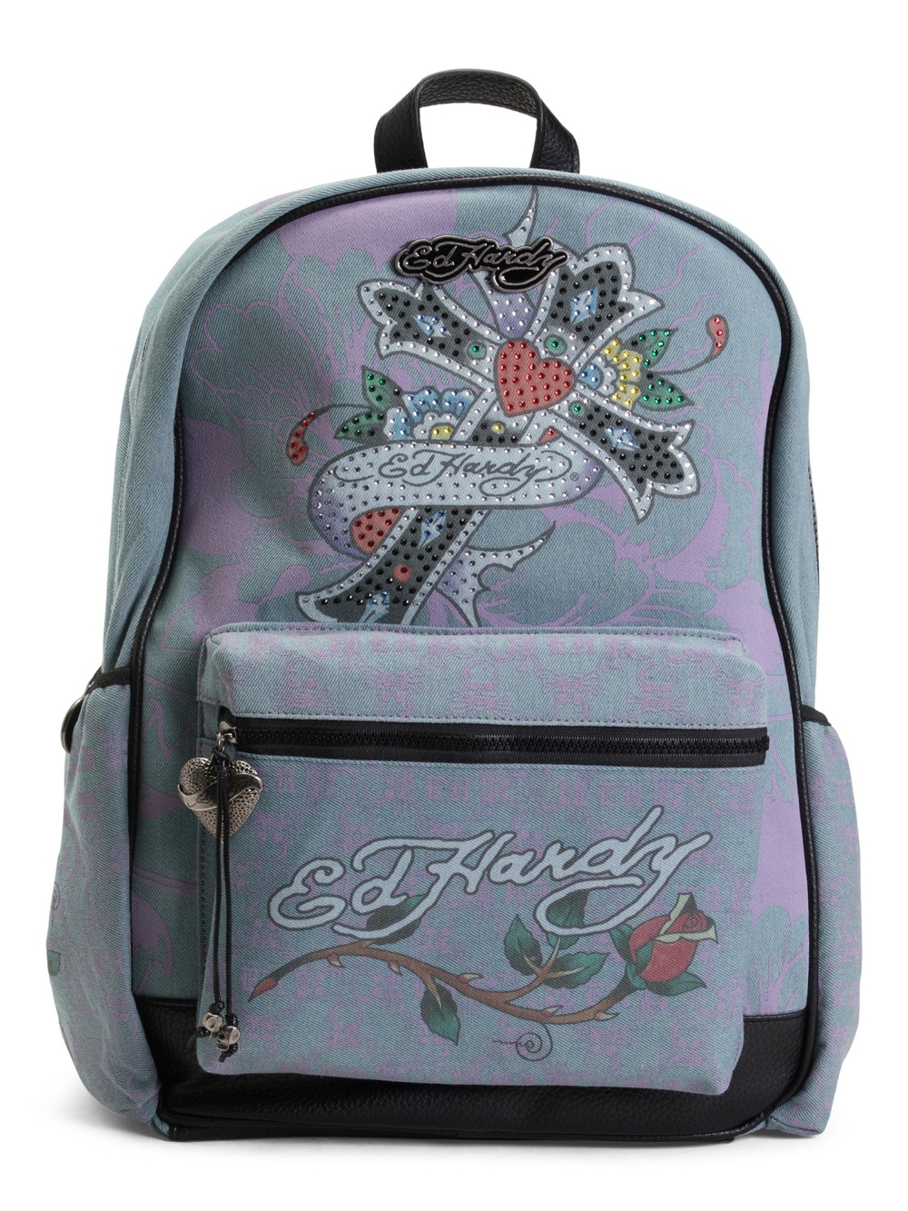 Ed Hardy Lavender Floral Logo Backpack with Heart Accent